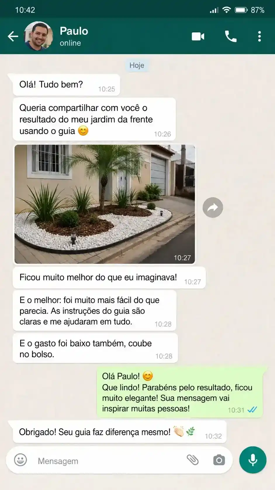 Mensagem no WhatsApp sobre renovação do quintal pequeno